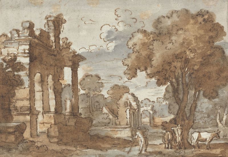 Pintura a óleo de paisagem por Estilo de Claude Lorrain com luz dourada e colinas