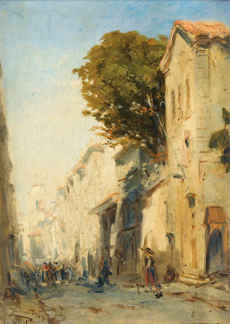 A street in Martigues de Félix Ziem, pintura al óleo que muestra un canal con reflejos y edificios vibrantes.