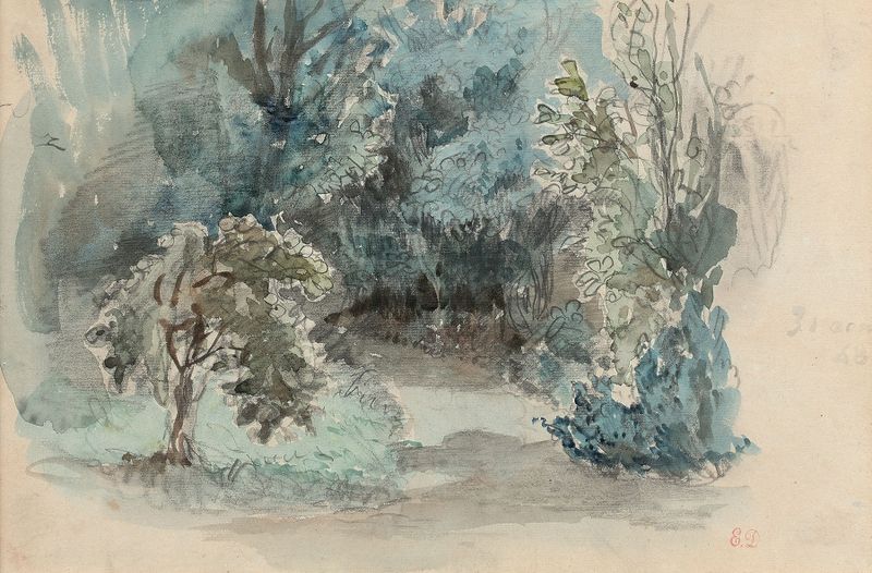Vue présumée du jardin de Champrosay, óleo sobre tela de Eugène Delacroix, retratando uma exuberante paisagem de jardim.