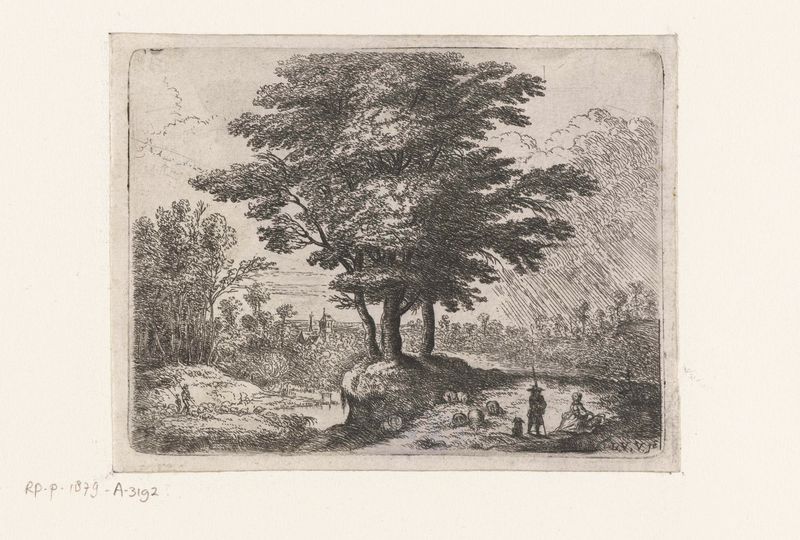Grabado de Lucas van Uden que muestra árboles, un pastor y ovejas en un paisaje.