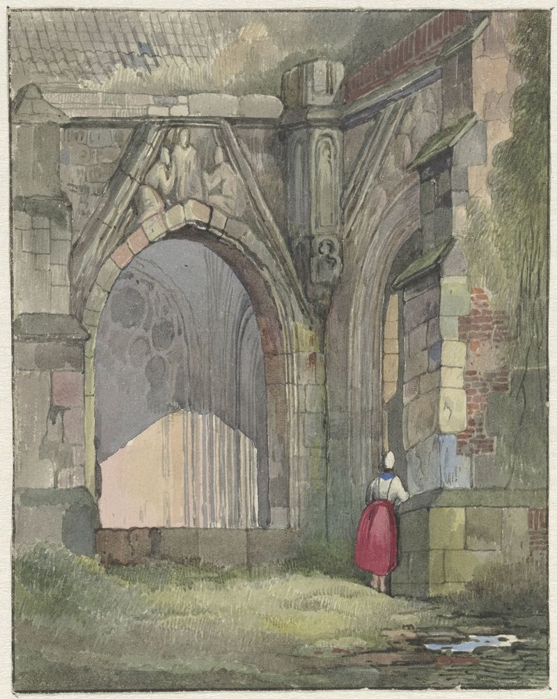 Kerkportaal by Reinier Craeyvanger, oil on canvas depicting a church entrance with light and shadows.