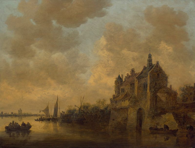Un paisaje de río con una casa de campo y barcos, óleo sobre lienzo de Jan van Goyen