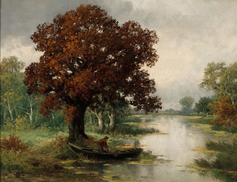 A River Landscape with Fisherman in Autumn, óleo sobre tela de Adolf Kaufmann
