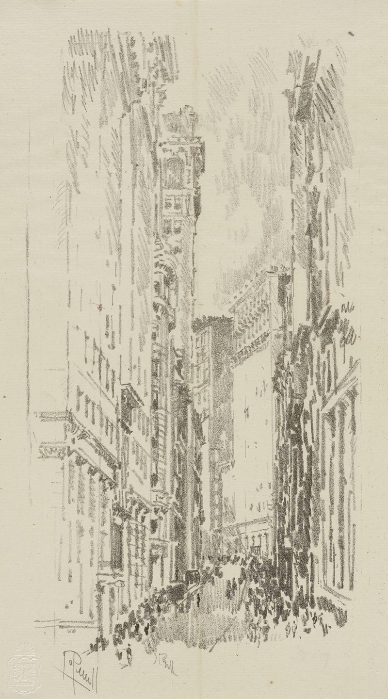 Modernism etching by Joseph Pennell depicting urban buildings and shadows at twilight.