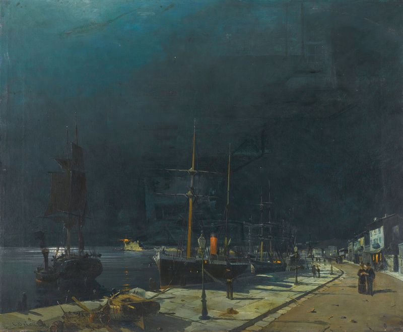Harbour at night by Konstantinos Volanakis, oil on canvas depicting a serene marine scene.
