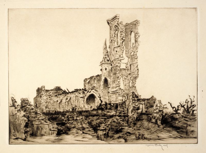 Grabado Fleurie Church de Kerr Eby, que representa una iglesia al anochecer con luz y sombra.