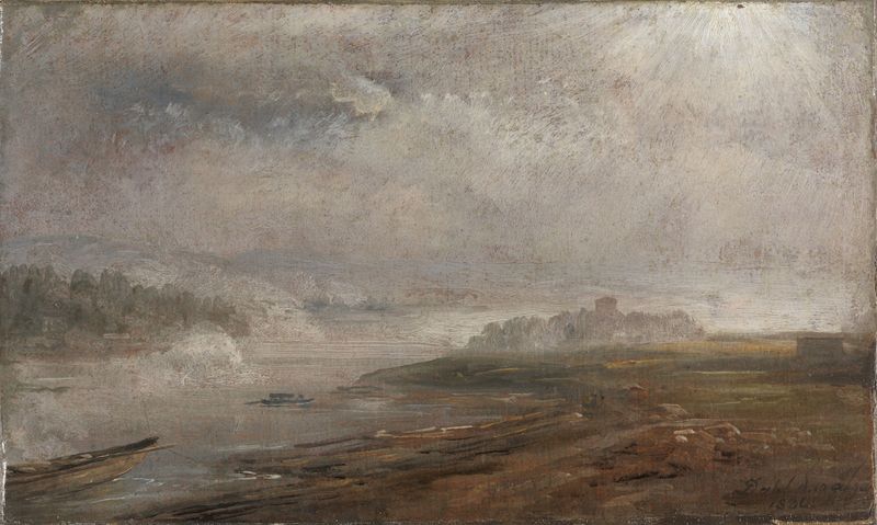 Paisagem de O Elba em uma manhã nevoenta de Johan Christian Dahl, pintura a óleo