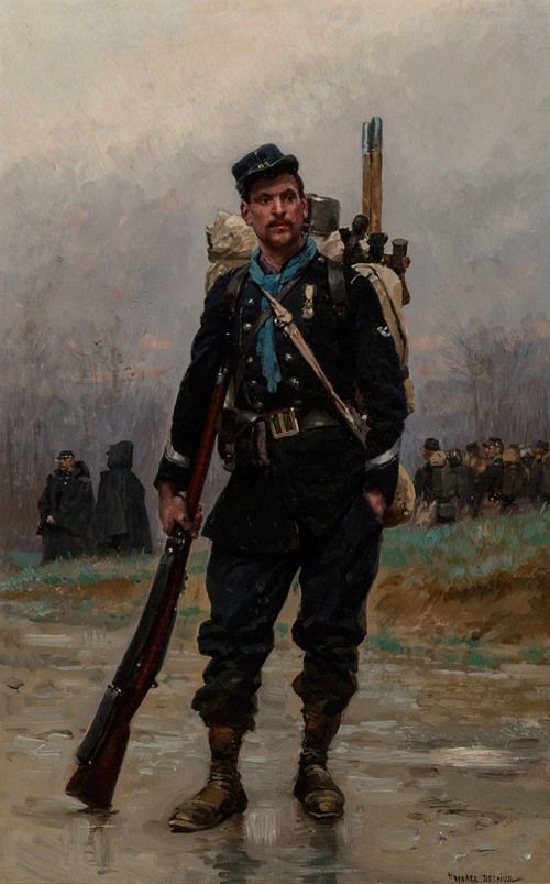A French infantryman stands proudly in uniform, holding a rifle and wearing a distinctive hat.
