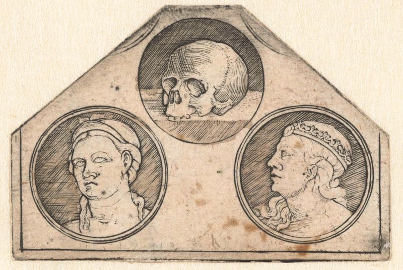Grabado de Hans Sebald Beham que representa un cráneo y dos cabezas de mujeres.