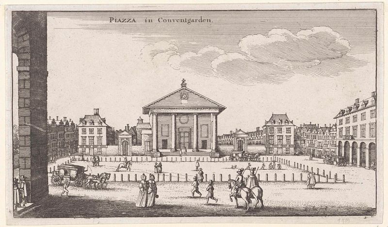 Gravura de Wenceslaus Hollar mostrando o mercado de Covent Garden com vendedores e compradores.