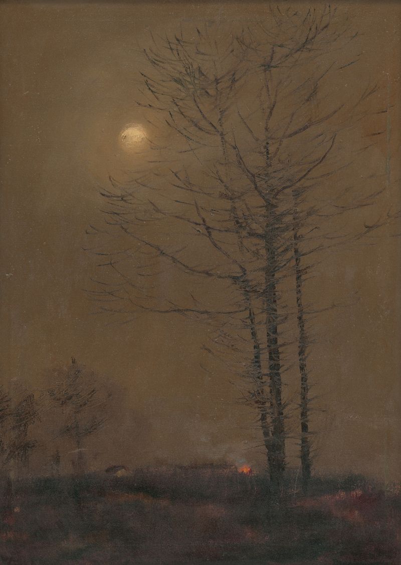 Evening landscape de Ladislav Mednyánszky, óleo sobre lienzo que muestra un atardecer sobre colinas.