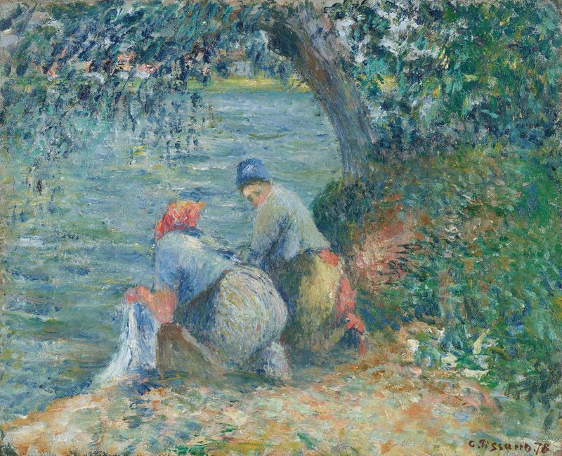 Laveuses au bord de l’eau, Pontoise de Camille Pissarro, óleo sobre lienzo que muestra a mujeres lavando junto al río