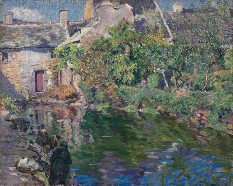 Washerwomen at Goyen de Abel George Warshawsky, óleo sobre lienzo que muestra a mujeres trabajando junto a un río.