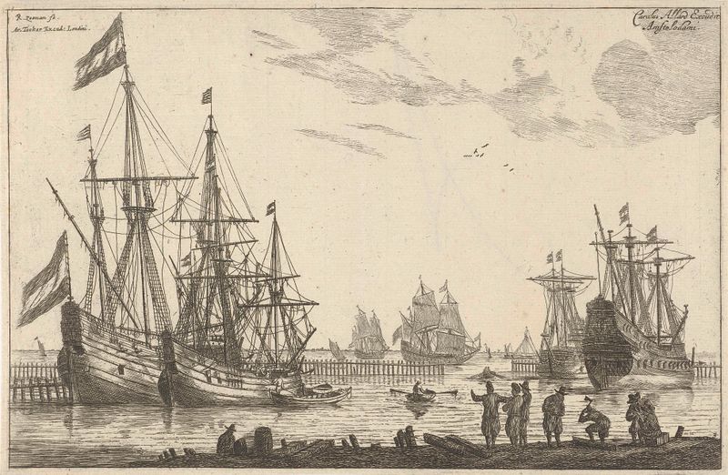 Gravura de Reinier Nooms mostrando quatro barcos atrás de um quebra-mar