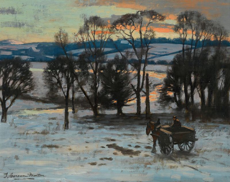 Óleo sobre lienzo de Thomas Corsan Morton que muestra figuras fusionándose con un paisaje abstracto.