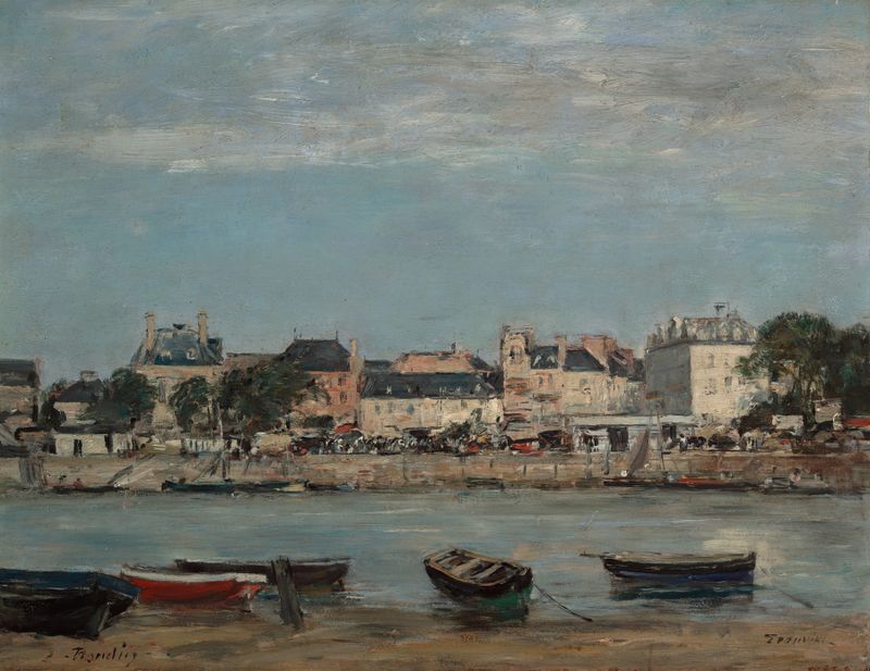 El Puerto de Trouville de Eugène Boudin, óleo sobre lienzo que muestra barcos en un puerto tranquilo