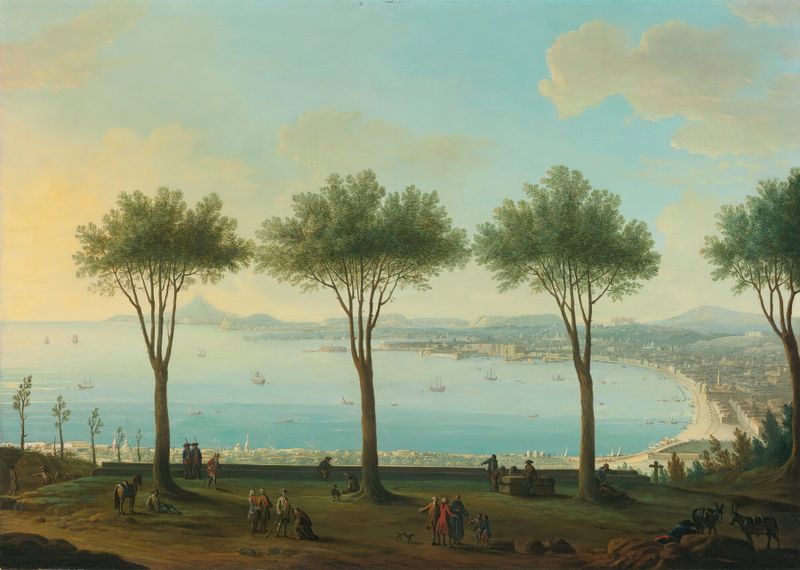 Landscape oil painting by Antonio Joli depicting the Bay of Naples with sunlight and water.