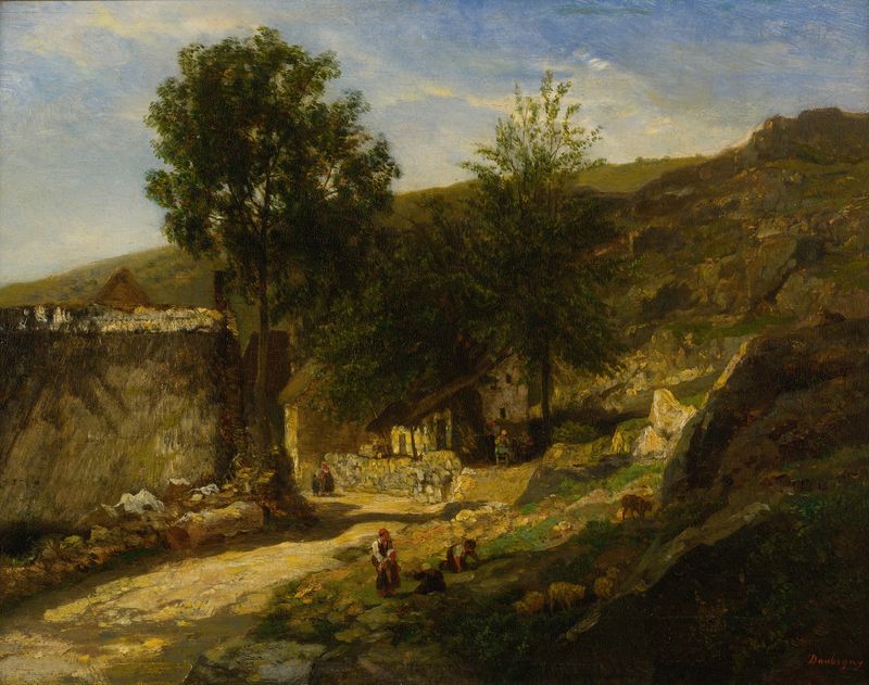 Entrance To The Village, óleo de Charles François Daubigny, con un camino de tierra y árboles retorcidos.