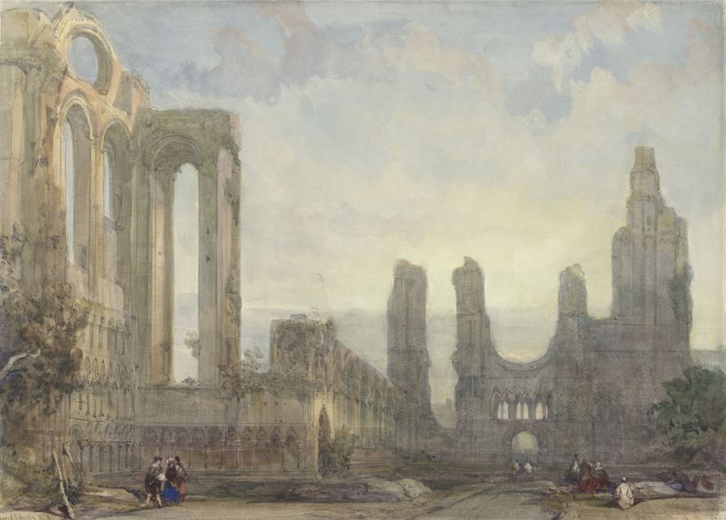 Ruinas de Aberbrothwick al anochecer, pintura al óleo de David Roberts