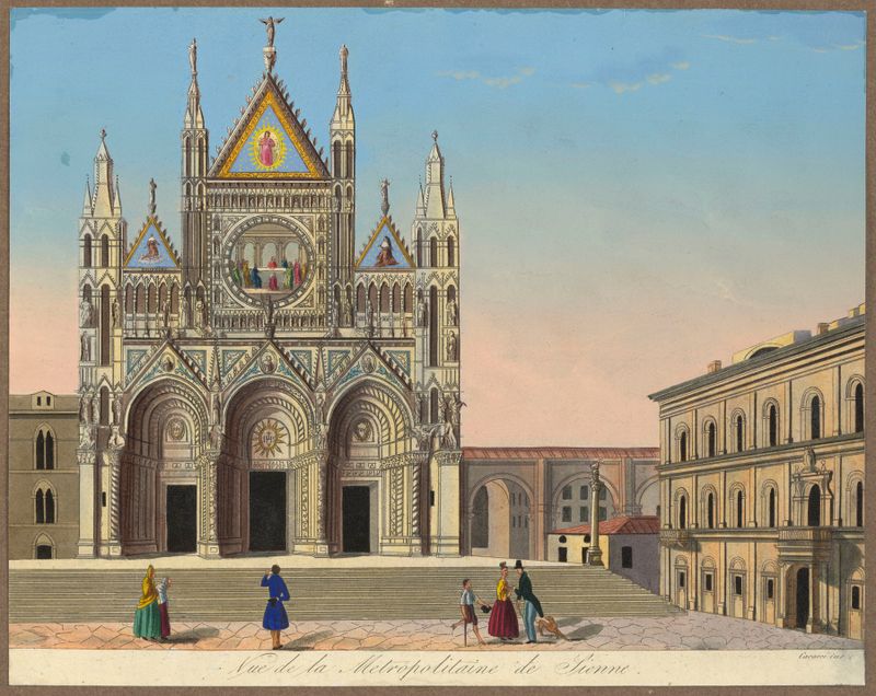 Vista de la Catedral de Siena, óleo sobre lienzo de Luigi Galvani, con intrincadas agujas y un cielo sereno.