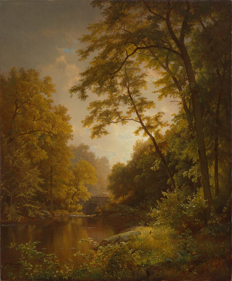 June Day de William Trost Richards, óleo sobre lienzo que muestra un paisaje sereno con un arroyo y un follaje exuberante.