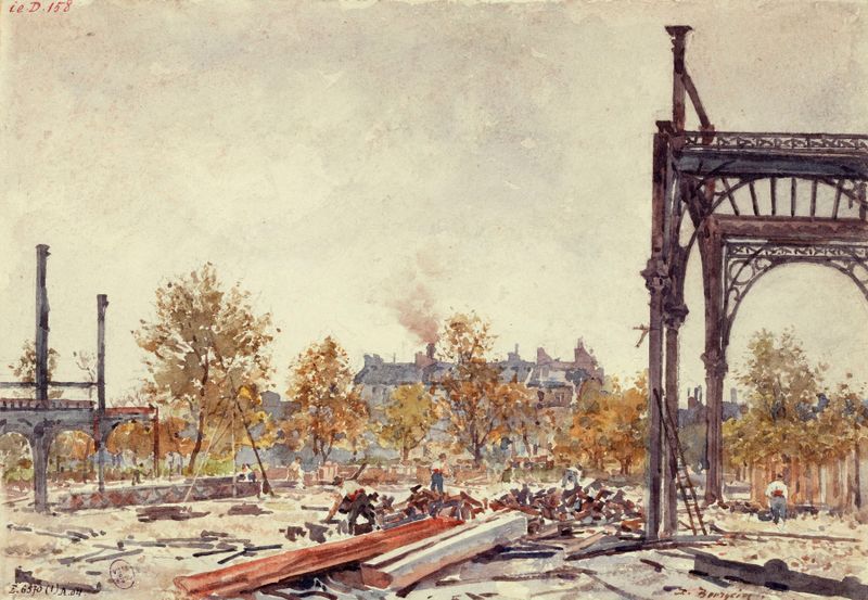 Les travaux du Marché du Temple by Marie-Désiré Bourgoin, depicting market workers in a genre scene.