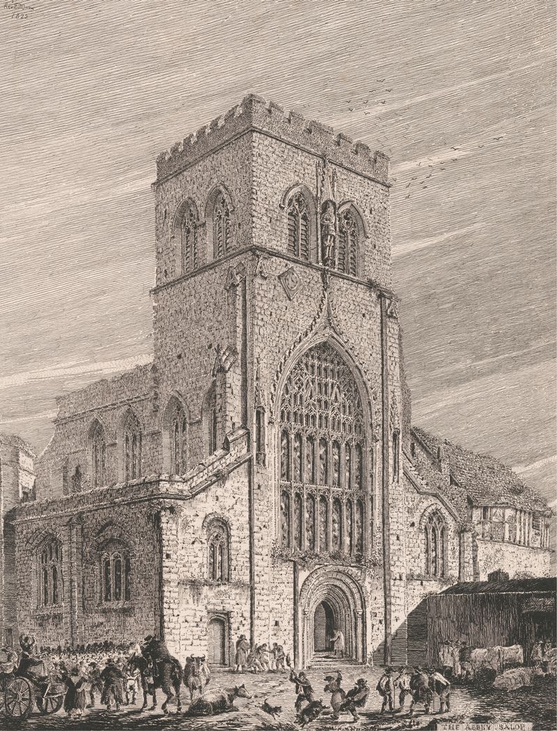 The Abbey Church, Shrewsbury by Edward Pryce Owen, oil on canvas depicting Gothic architecture with stained glass.