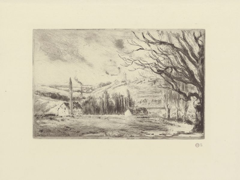 Vue de Pontoise de Camille Pissarro, pintura a óleo que retrata uma paisagem vibrante.