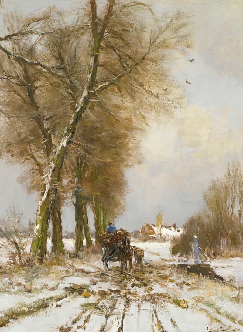Figures on a snowy path, oil painting by Louis Apol