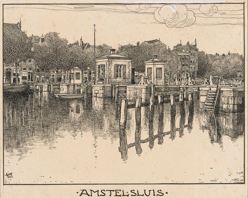 Paisagem de De Amstelsluis por Willem Wenckebach, óleo sobre tela