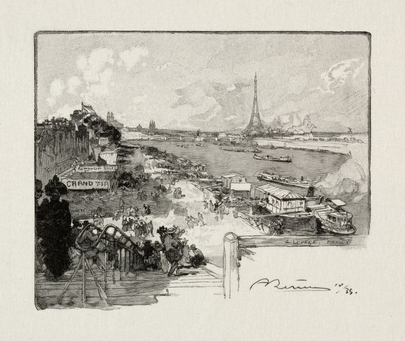 Grabado de Auguste Louis Lepère que representa un paisaje tranquilo al amanecer.