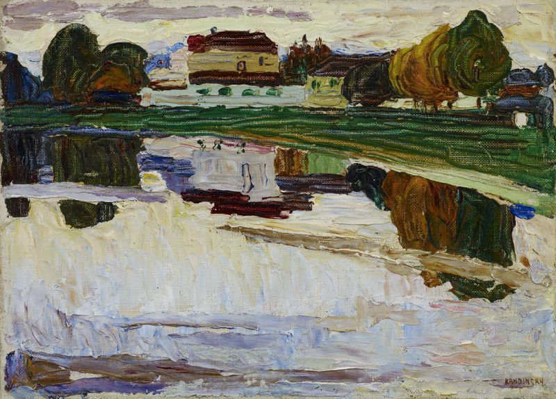 Expressionismo abstrato de Wassily Kandinsky, pintura a óleo com cores vibrantes e redemoinhos dinâmicos.
