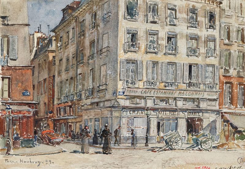 Intersection de deux rues, à Paris, en 1899 de Frédéric Houbron, óleo sobre lienzo que representa calles parisinas.