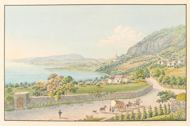 Vue des environs de Montreux et de Clarens by Jakob Samuel Weibel, oil on canvas depicting mountains and a lake.