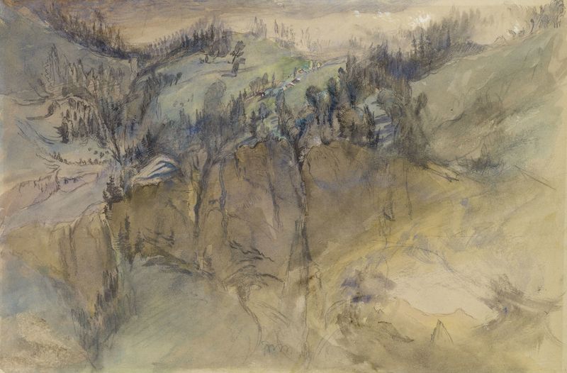 Alpine Scene by John Ruskin, watercolor on paper depicting serene mountains and light.