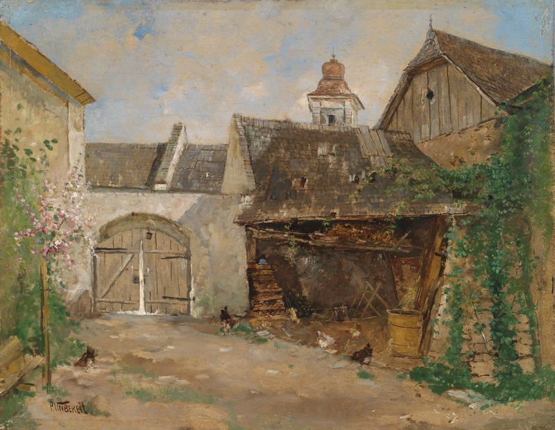 Interior scene of a courtyard with soft light, by Paul Unbereit