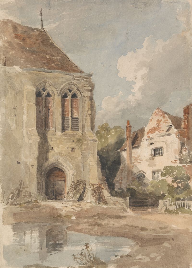 Old Church and House by Amelia Long, oil on canvas depicting a church and house in a serene landscape