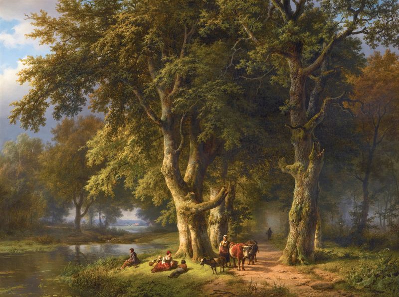 Paisaje de verano exuberante de Barend Cornelis Koekkoek, óleo sobre lienzo que representa vegetación y luz solar.