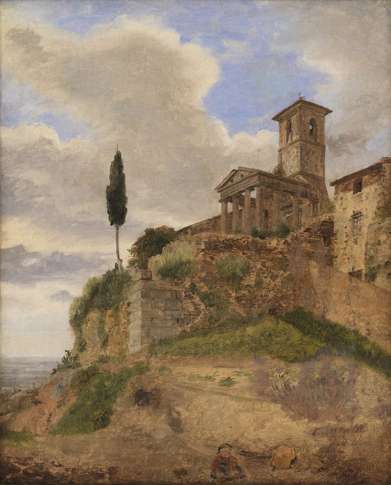 The Temple of Hercules at Cori, oil on canvas by Jørgen Roed, featuring ancient ruins and columns.