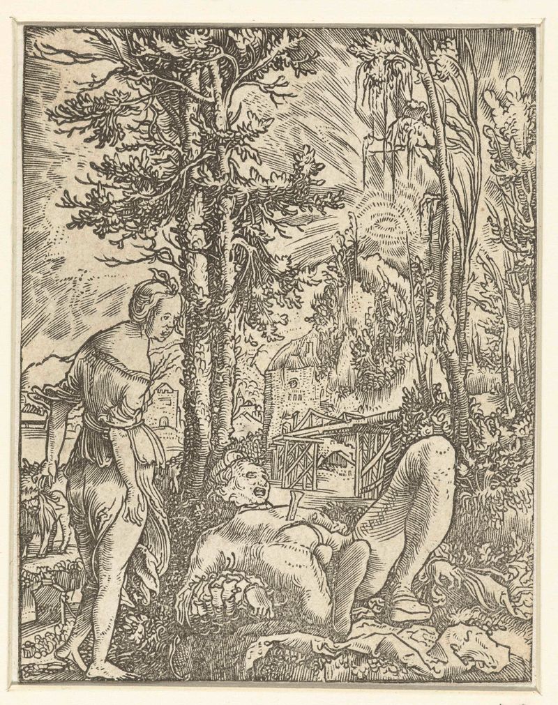 Pyramus en Thisbe de Wolfgang Huber, papel, retrata dois amantes em um abraço terno com cores quentes.