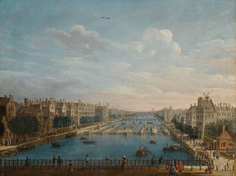 Oil painting by Pietro Bellotti depicting the Binnen Amstel River and lush greenery.