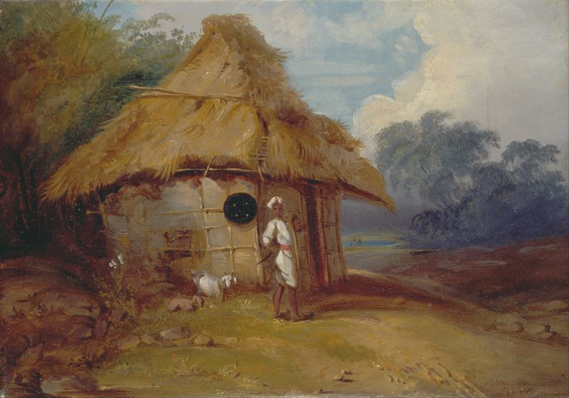 Oil on canvas by George Chinnery depicting a warrior outside his hut in Southern India.