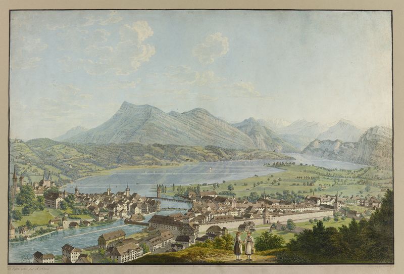 Luzern, von Westen by David Alois Schmid, oil on canvas depicting tranquil lake and mountains.
