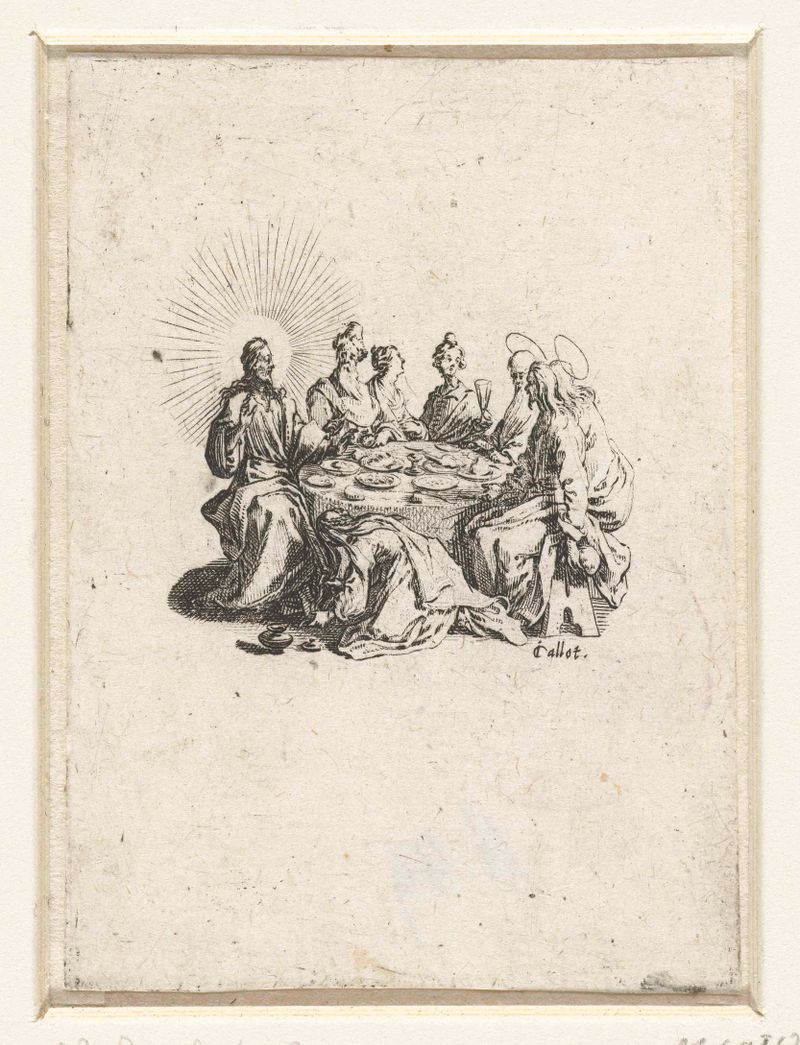 Gravura de Jacques Callot mostrando figuras elegantemente vestidas ao redor de uma mesa
