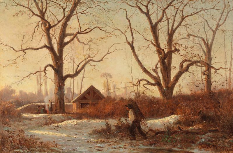Paisaje invernal con un recolector de leña, pintura al óleo de Adolphe Appian