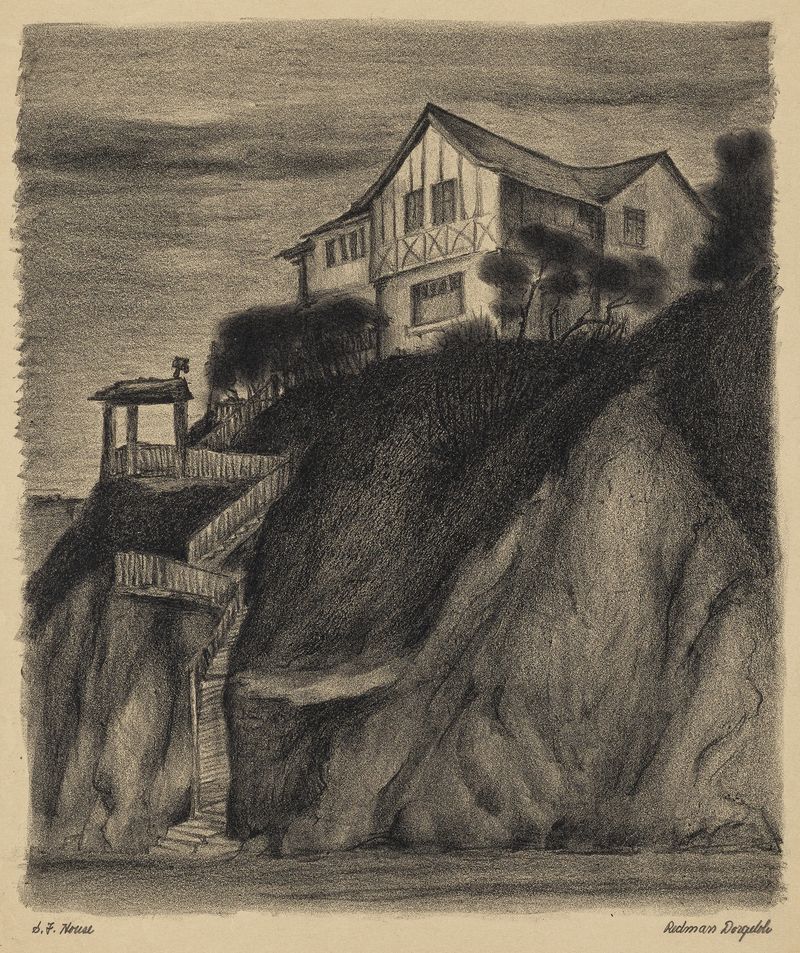 S.F. House de Marguerite Redman Dorgeloh, óleo sobre tela retratando uma casa em uma paisagem vibrante.