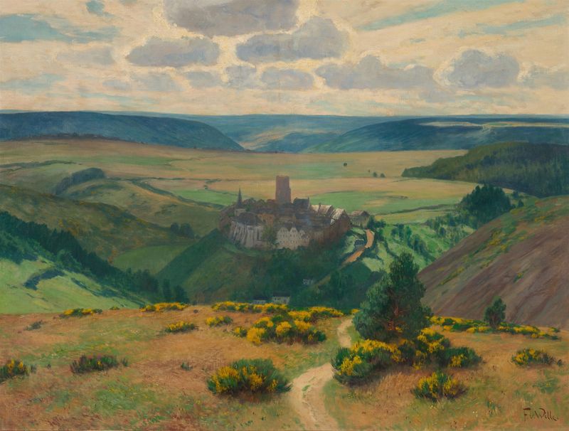 Oil painting by Fritz Von Wille depicting vibrant wildflowers in a landscape.