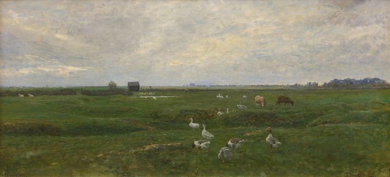Landscape with geese by a lake, oil painting by Viggo Johansen