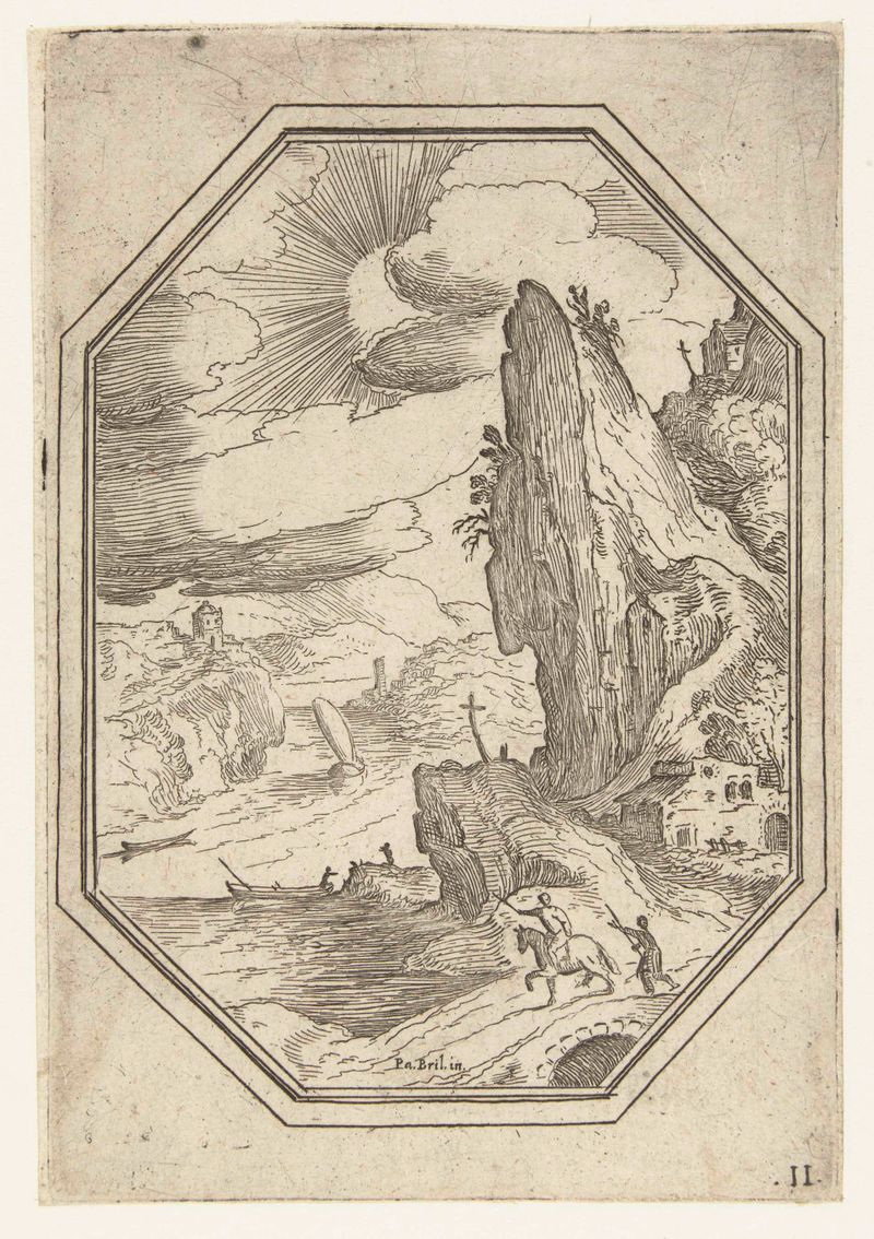 Landschap met ruiter in octagonaal kader, etching by Paul Bril depicting hills and a rider.
