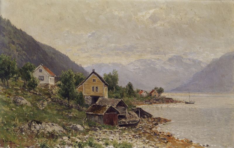Watermills in Stolpedal de Walter Moras, óleo sobre lienzo que muestra un paisaje sereno.